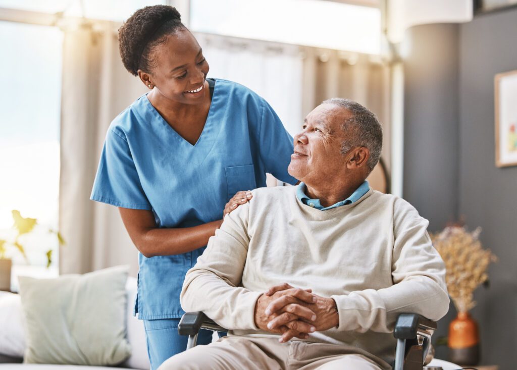 resident and worker in nursing home
